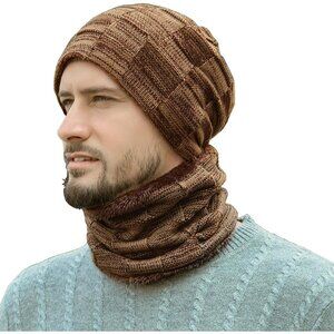 Men's Khaki Winter Warm Knit Skull Cap Neck Warmer Fleece Lined Hats Scarf Set